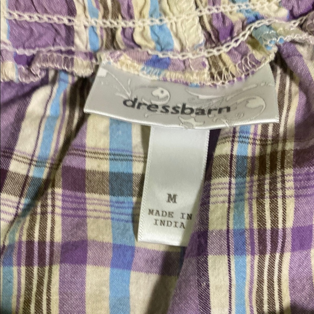 Dress Barn Purple/Tan Smocked Short Sleeve an tie on side Blouse Great condition - Picture 8 of 11